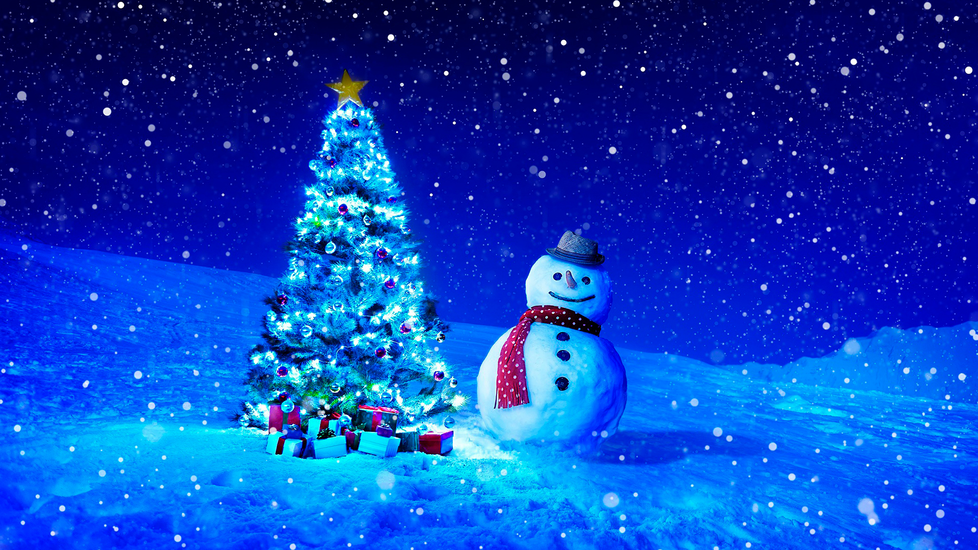Snowman near the Christmas tree with gifts wallpaper Themes10.win
